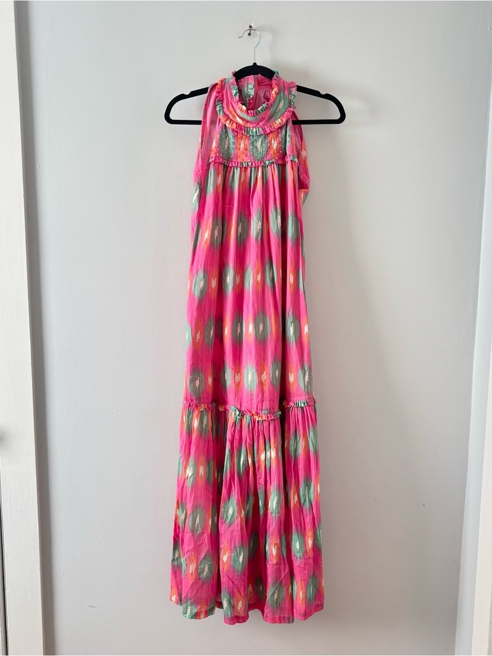 Bella Tu Ikat Print Halter Midi Dress Maxi Bow Tie Tiered Long Pink Pattern
